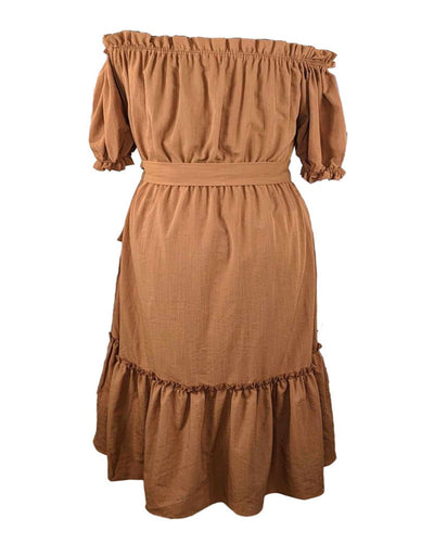 Women's Brown Puffed Sleeves Off-Shoulder Dress for Spring-Summer with Pockets, Perth Au