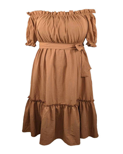 Women's Brown Puffed Sleeves Off-Shoulder Dress for Spring-Summer with Pockets, Perth Au