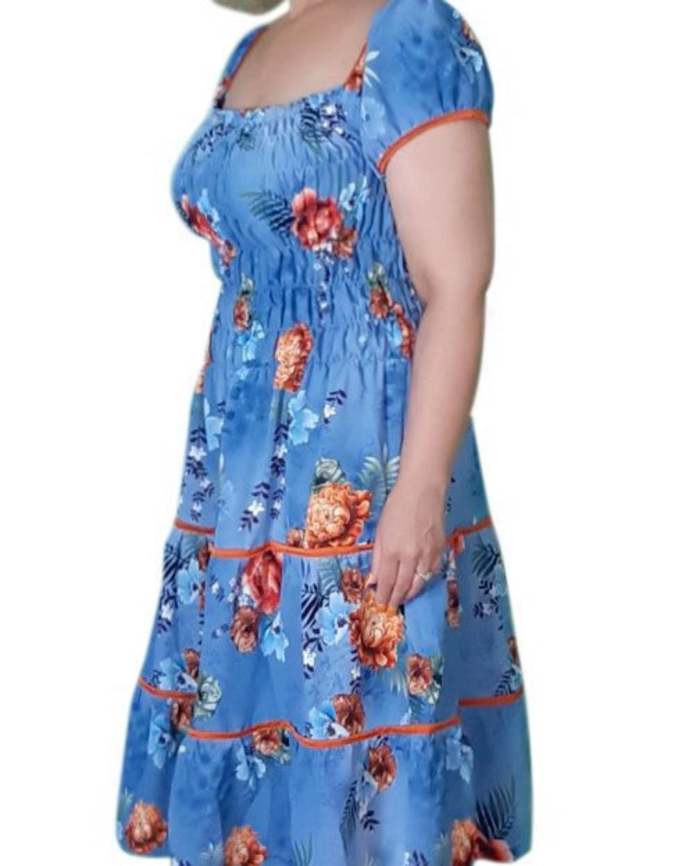 Summer style Blue floral tiered dress, ruched bodice dress, Women's floral dress, Perth Australia