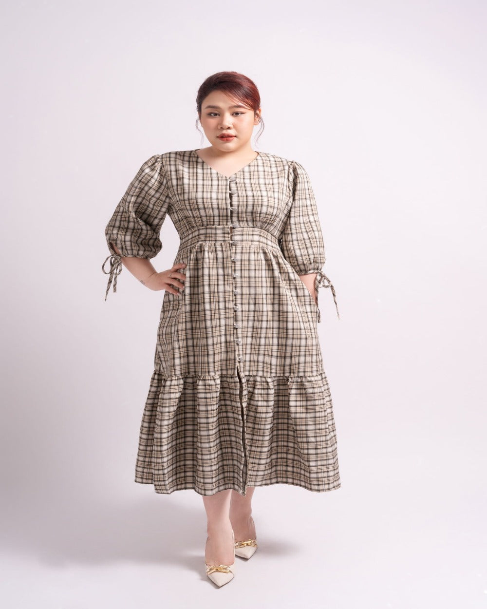 Women's gingham dress with pockets, Olive, 2/3 sleeves Perth, Au