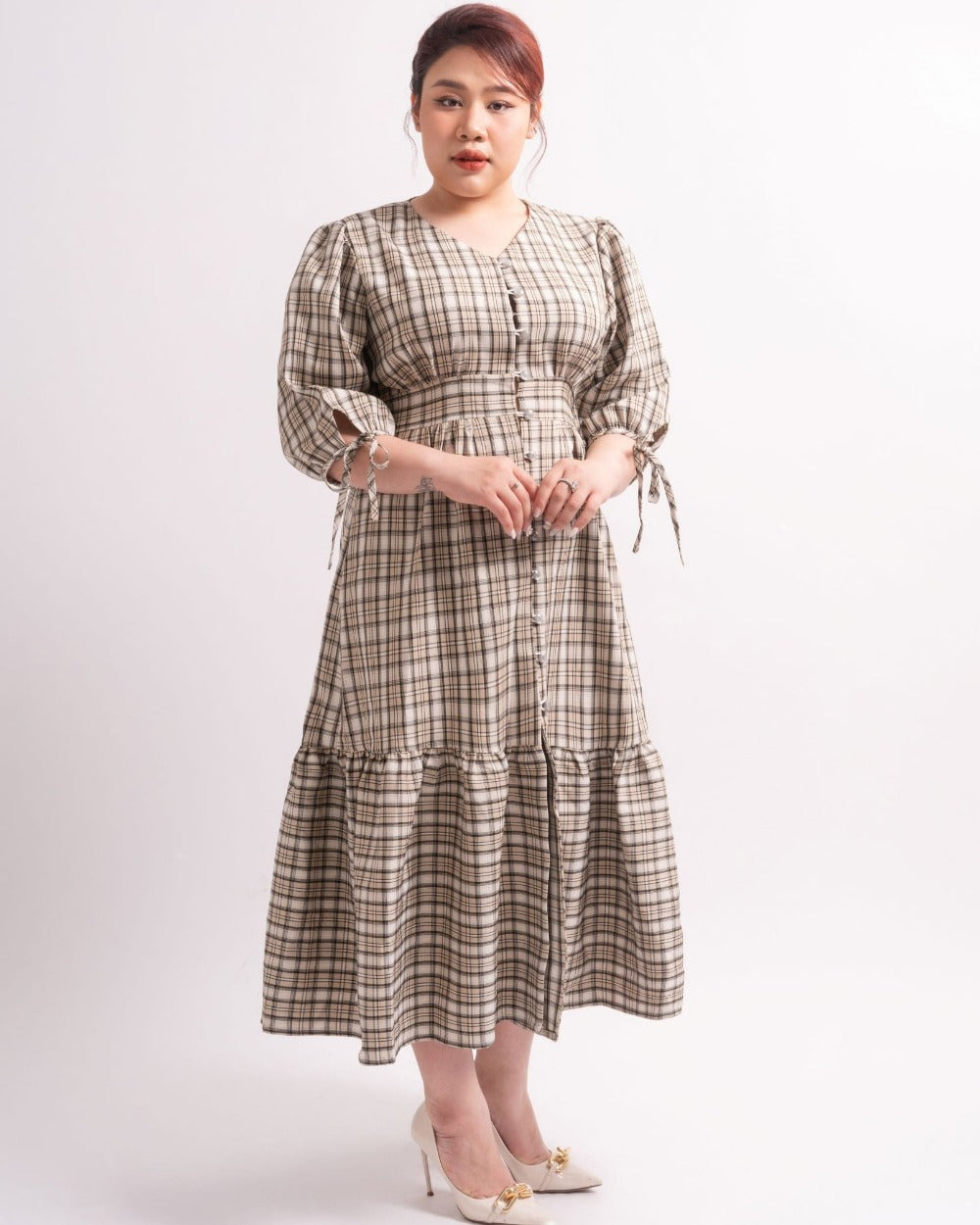 Women's gingham dress with pockets, Olive, 2/3 sleeves Perth, Au